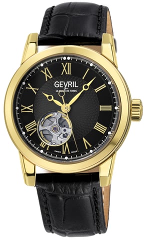 Gevril Madison IPG para hombre con esfera negra y cuero negro