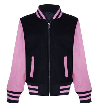 Chaqueta bomber universitaria negra y rosa para niños con mangas de cuero auténtico, de 3 a 13 años