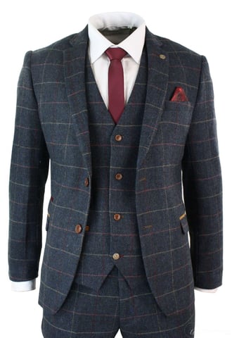 Traje vintage de 3 piezas con cuadros de espiga en azul marino para hombre
