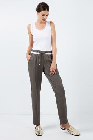 Long Khaki Pants with Cream Panel