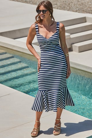 Navy Blue & White Stripe Crochet Midi Dress