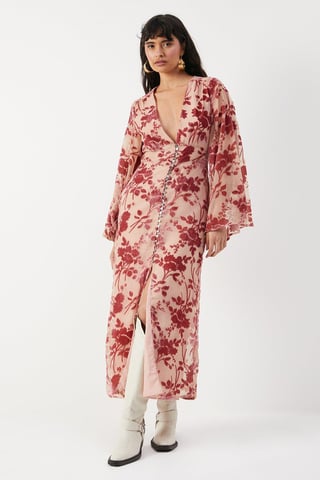 Devore Plunge Neck Flared Sleeve Button Through Midi Dress