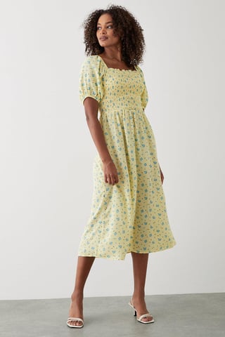 Yellow Ditsy Floral Shirred Midi Dress