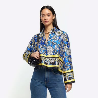 River Island Womens Shirt Blue Satin Floral Crop