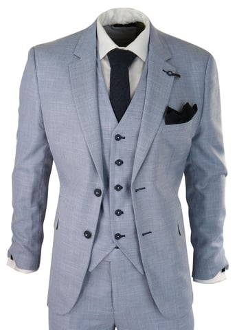 Traje de lino de 3 piezas para hombre, azul claro, corte entallado, para boda, graduación, clásico, para verano