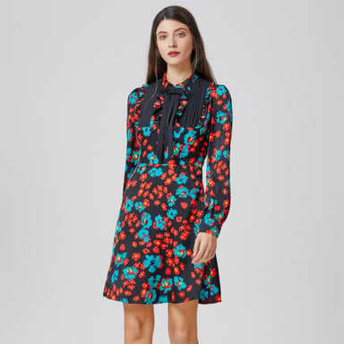 Ascot-tie flower print mini dress