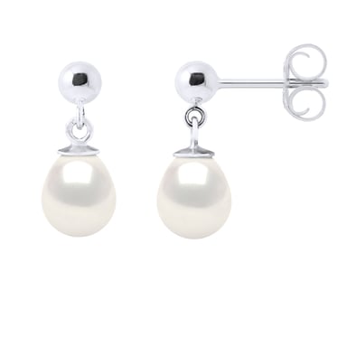 Earrings in White Gold and Real Cultured Freshwater Pearls Pear 7-8 mm
