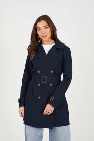 Navy Double Breasted Belted Trench Coat
