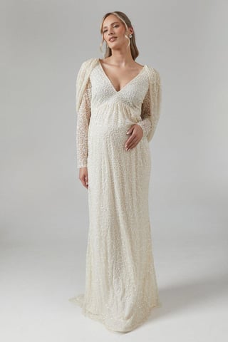 Maternity Cowl Back Long Sleeve Embellished Wedding Dress