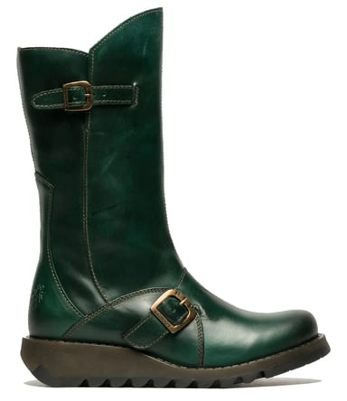 Botas de plataforma de cuero con cremallera y tacón de cuña y hebilla hasta la mitad de la pantorrilla MES 2 para mujer de Fly London en color verde