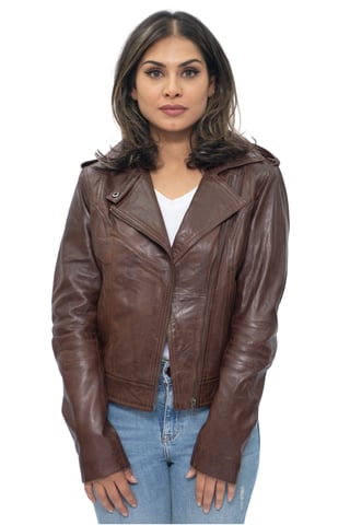 Chaqueta de motociclista de cuero color castaño para mujer - Reynosa