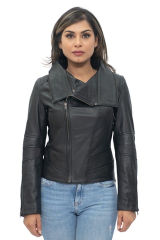Chaqueta de motociclista de cuero con cuello desmontable para mujer - Rosario