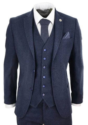 Traje retro vintage de tweed de lana azul marino de 3 piezas para hombre