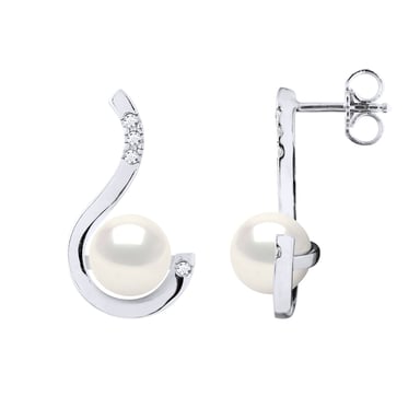 Earrings Prestige - Diamonds 0,08 Cts - Quality HSI - White Gold - Real Cultured Freshwater Pearls Round 7-8 mm