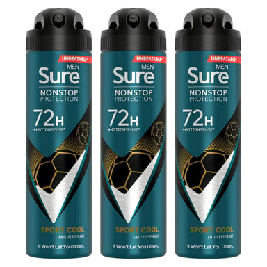 Sure Men Nonstop Protection 72H Anti-Perspirant Deodorant Sport Cool 150ml, 3pk