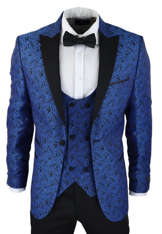 Blazer de esmoquin azul para hombre, chaleco, chaqueta de esmoquin con brocado y estampado de cachemira en satén negro