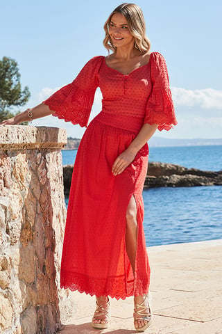 Petite Orange Embroidered Midi Skirt With Broderie Trim