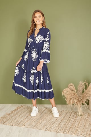 Navy Viscose Midi Dress With Long Sleeves