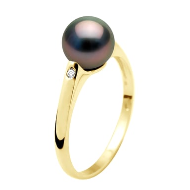 Ring Diamonds 0,02 Cts - Tahiti Pearl Round 8-9 mm - Yellow Gold