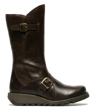 Botas de plataforma de cuero con cremallera y tacón de cuña y hebilla de media pantorrilla MES 2 para mujer de Fly London en marrón