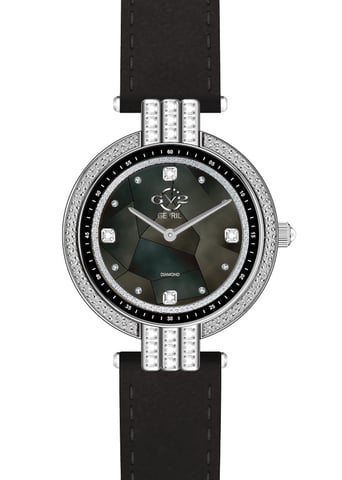 GV2 Matera Reloj de cuarzo suizo para mujer con esfera de nácar negro y pulsera de ante negro con diamantes