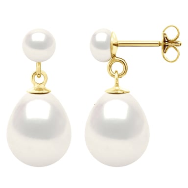 Double Earrings Yellow Gold - Real Cultured Freshwater Pearls Button 5-6 mm + Pear 10-11 mm