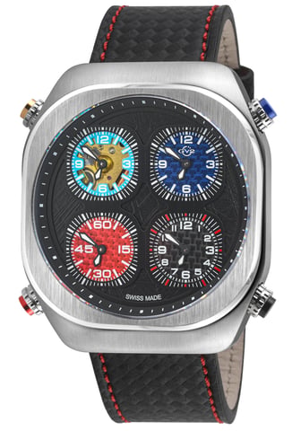 GV2 Men's Quattro Zone, SS Case, Black dial, 4 time zone, sub dial, Black w/Blue & Red Stitching Handmade Italian Leather Strap