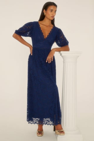 Lace Puff Sleeve V Neck Midaxi Dress