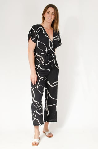 Summer Print Tie Waist Short Sleeve Jumpsuit
