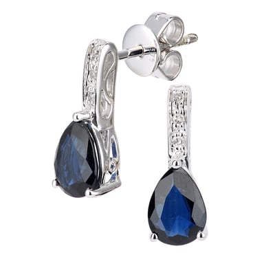 Pendientes colgantes de oro blanco de 9 quilates con diamantes y zafiros con piedras preciosas de talla lágrima