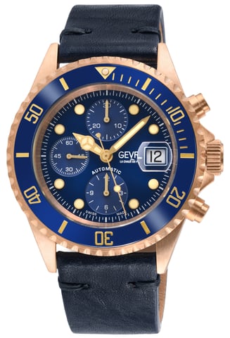 Gevril Wall Street para hombre, esfera Lacca azul bronce, bisel de cerámica azul, correa de cuero azul medianoche italiana genuina hecha a mano