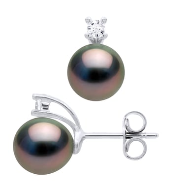 Earrings of Silver 925 & Cubic Zirconia adorned with 2 Real Cultured Tahiti Pearls Pear 8-9 mm