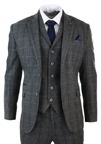 Traje clásico vintage de tweed a cuadros en espiga de tres piezas para hombre en color gris carbón