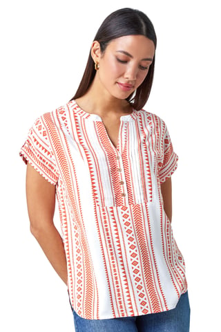 Aztec Print Button V-Neck Detail Top