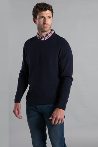 Dark Navy Mock Checked Shirt Crew Neck Jumper