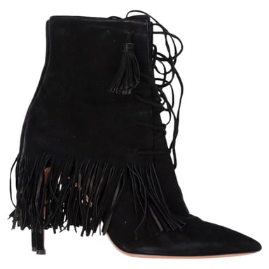 Aquazzura Mustang 105 Fringe Heeled Ankle Boots in Black Suede