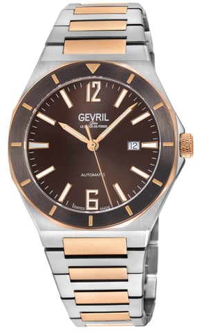 Reloj automático de la lÃnea Gevril para hombres, con caja de acero inoxidable, bisel superior de cristal de zafiro marrón, brazalete bicolor de acero inoxidable IPRG.
