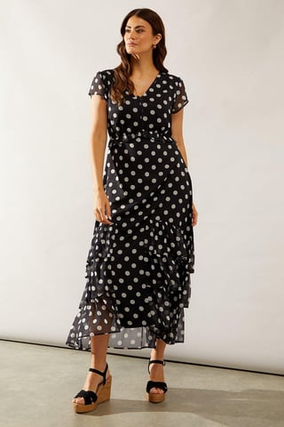 Spot Print Chiffon Ruffle Frill Maxi Dress