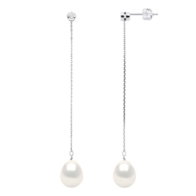 Earrings Prestige -Diamonds 0,02 Cts - Quality HSI - White Gold - Real Cultured Freshwater Pearls Pear 9-10 mm