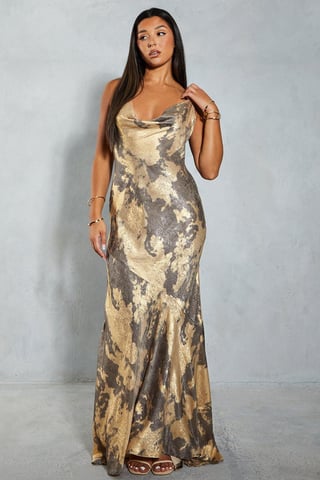 Metallic Print Fishtail Maxi Slip Dress