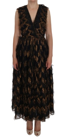 Vestido A-Line de Seda Negra con Flecos Marrones de Dolce & Gabbana