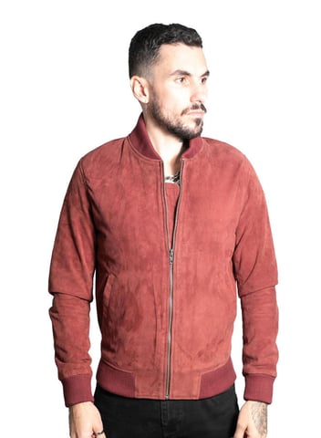 Chaqueta bomber universitaria de cuero de ante de cabra retro para hombre - Atenas