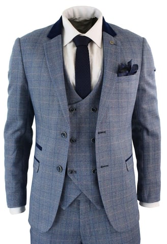 Traje de tres piezas de cuadros en espiga azul y gris para hombre