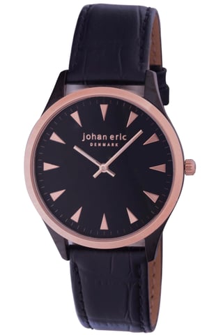 Johan eric: helsingør, relojes para hombre con esfera negra, marcadores horarios triangulares en tono oro rosa, caja IP negra con anillo y corona en bisel IP de oro rosa, banda de piel de becerro negra