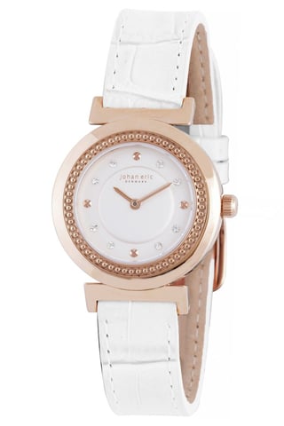 Johan eric: djursland, reloj para mujer, esfera plateada, índices aplicados en forma de tornillo con cristales de Swarovski, correa de cuero genuino blanco con parte superior con patrón de cocodrilo.