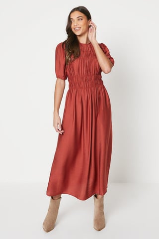 Petite Shirred Bodice Puff Sleeve Midi Dress