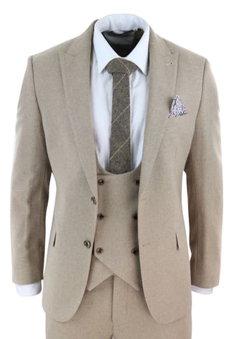 Traje de boda formal de tweed beige de 3 piezas para hombre