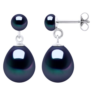Double Earrings White Gold - Real Cultured Freshwater Pearls Button 5-6 mm + Pear 10-11 mm