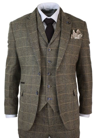 Traje clásico vintage de tweed a cuadros en espiga de tres piezas para hombre en marrón tostado
