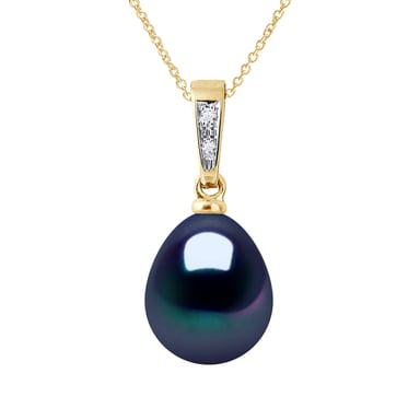 Colgante de diamantes 0.010 CTS Cultado perla agua dulce pera 9-10 mm de oro amarillo negro